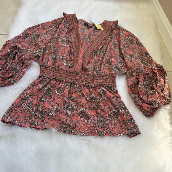 Max Edition Top Shirt Smocked Long Sleeve Size XL Pink Floral Boho #A71179 NWT - Picture 1 of 9